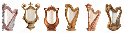 Lineup of antique harps and lyres with ornate carvings and a metallic gold bronze sheen on a clean white background, celebrating classical music and fine craftsmanship