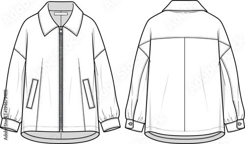 Classic zip jacket vector illustration, front and back view clothing template, modern outerwear apparel design, technical fashion drawing mockup