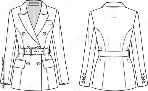 women, trench, coat, fashion, technical, sketch, double, breasted, belt, jacket, long, sleeve, clothing, design, template, front, back, illustration, outline, garment