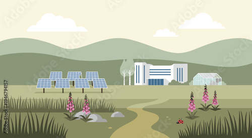 A pixel art illustration depicts a modern building and a field of solar panels in a lush green landscape with flowers, a greenhouse, and rolling hills.