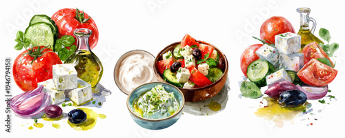 Vibrant watercolor still life composition illustrating a refreshing greek salad with fresh ingredients like tomato, cucumber, feta cheese, olives, and a delicious tzatziki dip