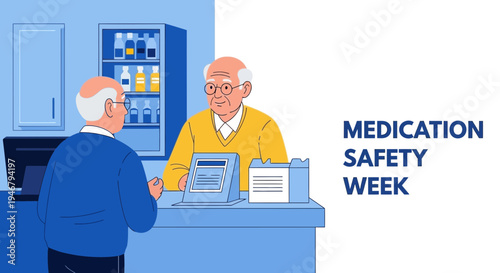 Medication Safety Week: Illustration of Seniors and Pharmacist Interacting at Pharmacy