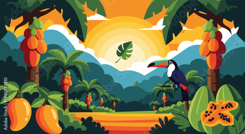 A colorful flat vector illustration captures a lush tropical jungle scene with a toucan, palm trees, and ripe mango and papaya fruits at sunrise.