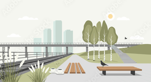 A tranquil pixel art scene depicts a quiet urban park with a bench, birch trees, and a railway track alongside a modern city skyline.