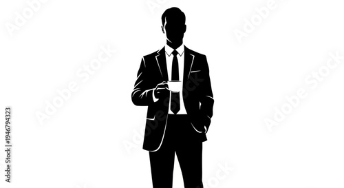 Silhouette of a businessman in a suit holding a coffee cup, isolated on white background.