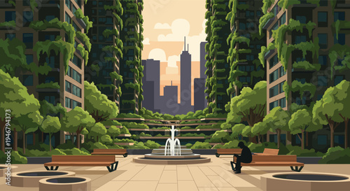 A pixel art illustration depicts a futuristic green city with buildings overgrown with vegetation, a central plaza, and a lone person sitting on a bench.