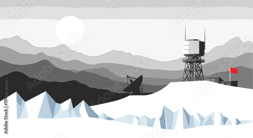 A stark, monochrome pixel art landscape shows a remote arctic research station with a satellite dish and radar tower on a snowy mountain.