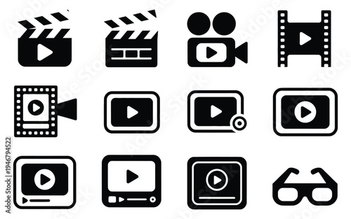 Cinema Line and Flat Icons, camera, film, clapper board, reel, and media player symbols, vector illustration for movie, video production, and entertainment design.