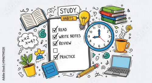 Study habits checklist with books and clock illustration.