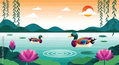 Two colorful ducks swim peacefully on a serene pond dotted with pink lotus flowers and lily pads, against a backdrop of rolling hills and a setting sun.