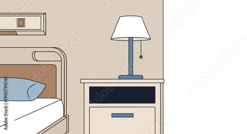 Minimalist Bedroom Illustration Featuring Bed, Nightstand, and Lamp with Clean Lines