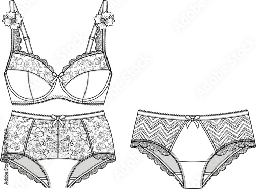 Lingerie set vector illustration, lace bra and panties technical drawing, women underwear fashion template, front and back view apparel design