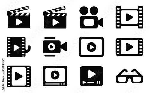 Cinema Line and Flat Icons, camera, film, clapper board, reel, and media player symbols, vector illustration for movie, video production, and entertainment design.