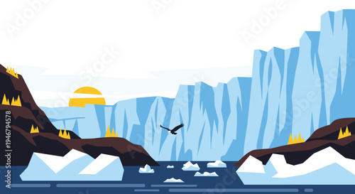 A majestic eagle flies over a frigid arctic sea filled with icebergs, surrounded by massive blue glaciers and rocky cliffs under a setting sun.