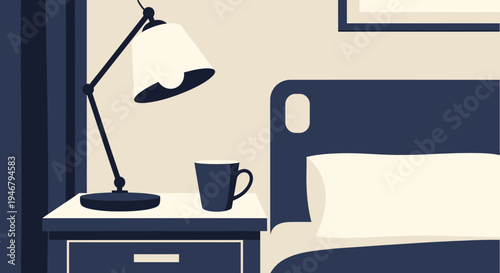 Minimalist Bedroom Illustration Featuring Nightstand Lamp and Coffee Mug Aesthetic Style