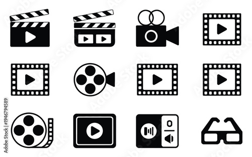 Cinema Line and Flat Icons, camera, film, clapper board, reel, and media player symbols, vector illustration for movie, video production, and entertainment design.