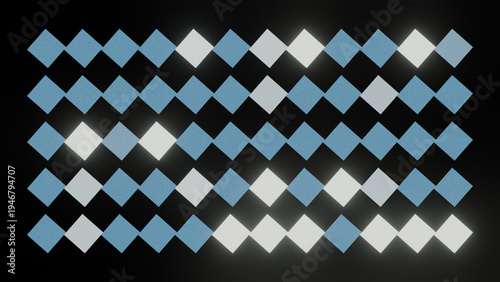 Glowing blue and white diamond grid pattern with repeating rhombus tiles on black background