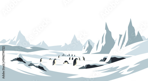 A colony of penguins inhabits a vast, snowy Antarctic landscape, with some standing and one sliding, against a backdrop of icy mountains.