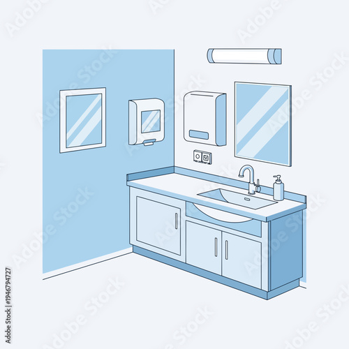 Minimalist Blue Bathroom Interior Design Featuring Sink, Mirror, and Storage Cabinetry