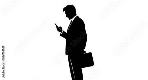 Silhouette of a businessman checking his phone while holding a briefcase, isolated on white background.