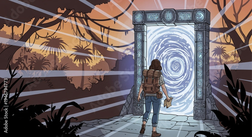 Woman Approaching a Portal in a Jungle Setting.