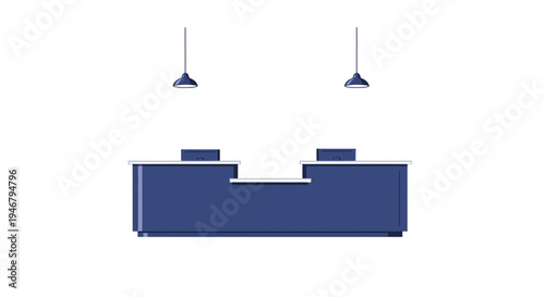 Minimalist Blue Reception Desk With Stylish Ceiling Lights And White Background