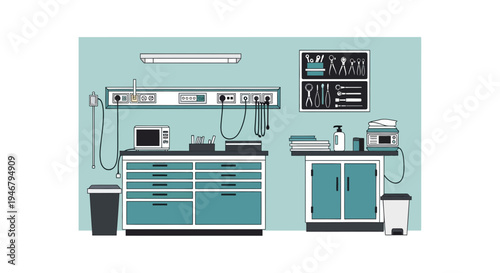 Minimalist Clinic Room Illustration Featuring Medical Tools and Equipment in Vector Style