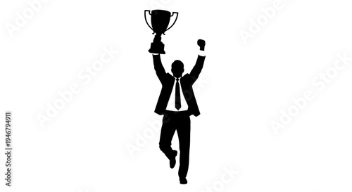 Silhouette of a businessman holding a trophy, celebrating success and achievement