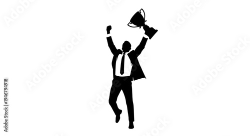 Silhouette of a businessman holding a trophy and celebrating success, victory, achievement