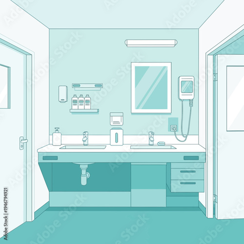 Minimalist Clinic Washroom Interior With Sinks, Mirror, and Dispensers, Healthcare Theme