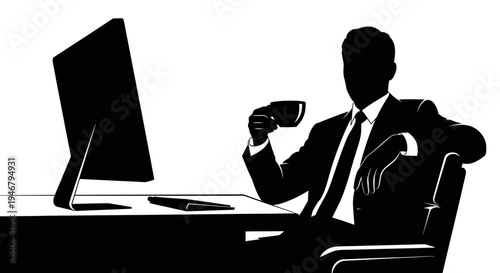 Silhouette of a businessman in a suit drinking coffee at his desk with a computer.