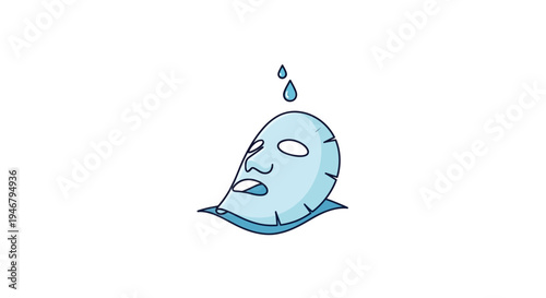 A cartoon face sheet mask with water drops.