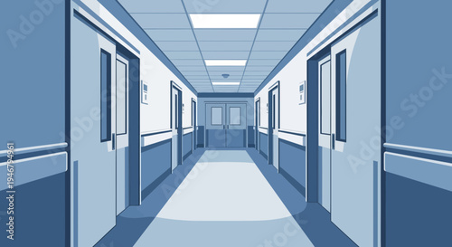 Minimalist Corridor Illustration With Doors And Ceiling Lights Perspective View Design