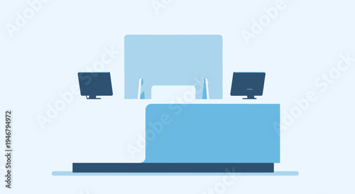 Minimalist Counter Design with Protective Screens and Computer Monitors Displayed Elegantly