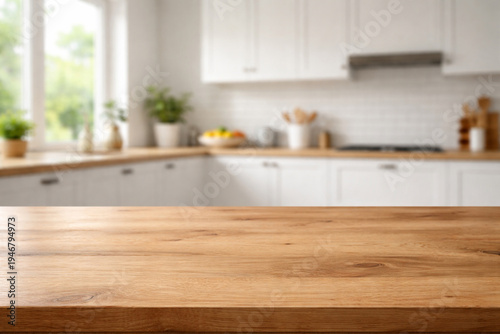 木製テーブルとぼけたキッチン背景