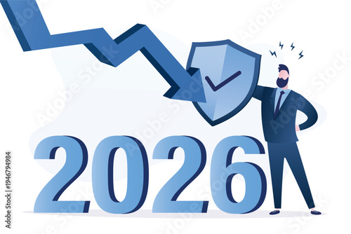Protection and prevention from attack of economic crisis in 2026. Overcoming business problems in 2026 year. Troubles solving. Entrepreneur uses big shield to protect business