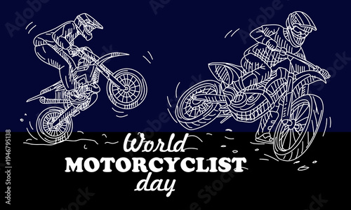 World Motorcyclist Day horizontal greeting featuring two doodle motorcyclists highlighted on a dark background Flat illustration for extreme sports event banners or biker social media graphics