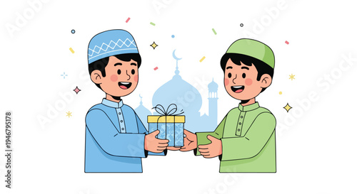 Two smiling boys in traditional Islamic attire exchanging a gift in front of a mosque with colorful confetti.