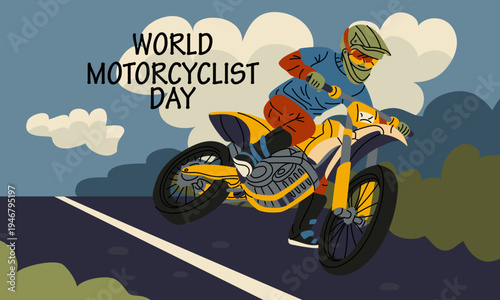 World Motorcyclist Day horizontal greeting card with outline rider performing jump stunt on bike isolated on dark background. Flat illustration for extreme sports banners or social media posts.