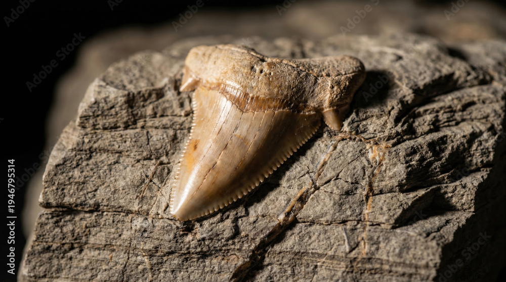 Naklejka premium Megalodon shark tooth fossil resting on rock