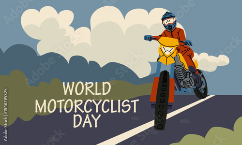 World Motorcyclist Day horizontal greeting card with outline rider on bike front view on road background. Flat illustration for extreme sports banners, biker club posters or social media posts