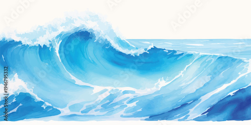 Detailed illustration of a powerful ocean wave breaking with white foam and blue water