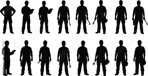 Construction worker silhouettes collection with tools, engineers and builders standing in different poses, industrial labor team icons isolated on white background for design