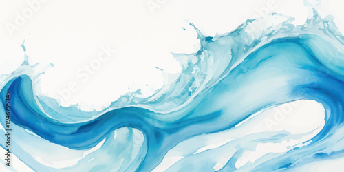 Turquoise wave with white foam crest, artistically rendered with white background