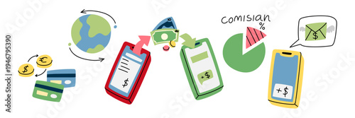 Flat illustration of global money transfers, currency exchange and banking commissions. Finance graphic for business web banners, mobile payment apps, international remittance or service stickers.