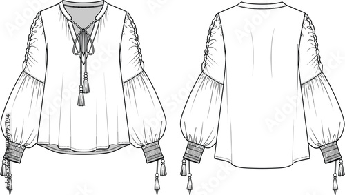 women, blouse, fashion, technical, sketch, long, sleeve, tassel, boho, clothing, design, template, front, back, illustration, outline, garment, apparel, vector, top