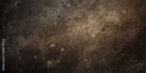 An antique dark brown grungy wall features an old rusty metal texture and a rough aged paper design on a vintage stone surface