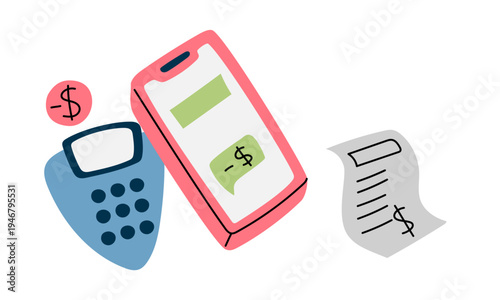 Flat illustration of mobile payment with smartphone, terminal and paper receipt. Finance graphic for retail business web banners, banking app interfaces or contactless transaction stickers