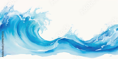 Dynamic blue ocean wave crashing with white foam and spray on a white background - natural beauty and power with water wave with water splash with breaking wave