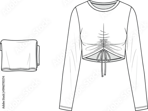women, cropped, top, fashion, technical, sketch, long, sleeve, ruched, drawstring, clothing, design, template, front, illustration, outline, garment, apparel, vector, casual
